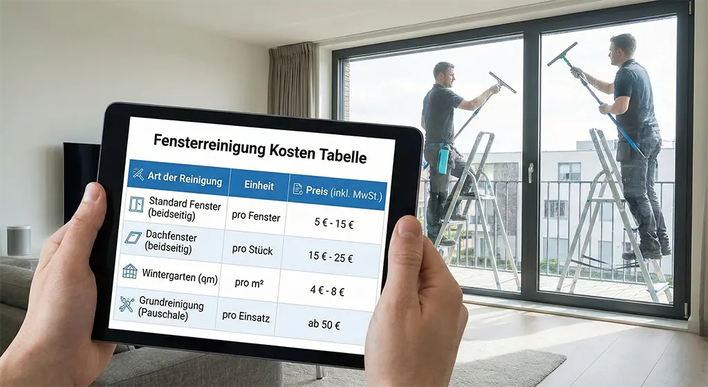 Fensterreinigung Kosten Tabelle – Preise pro Fenster und Zusatzoptionen